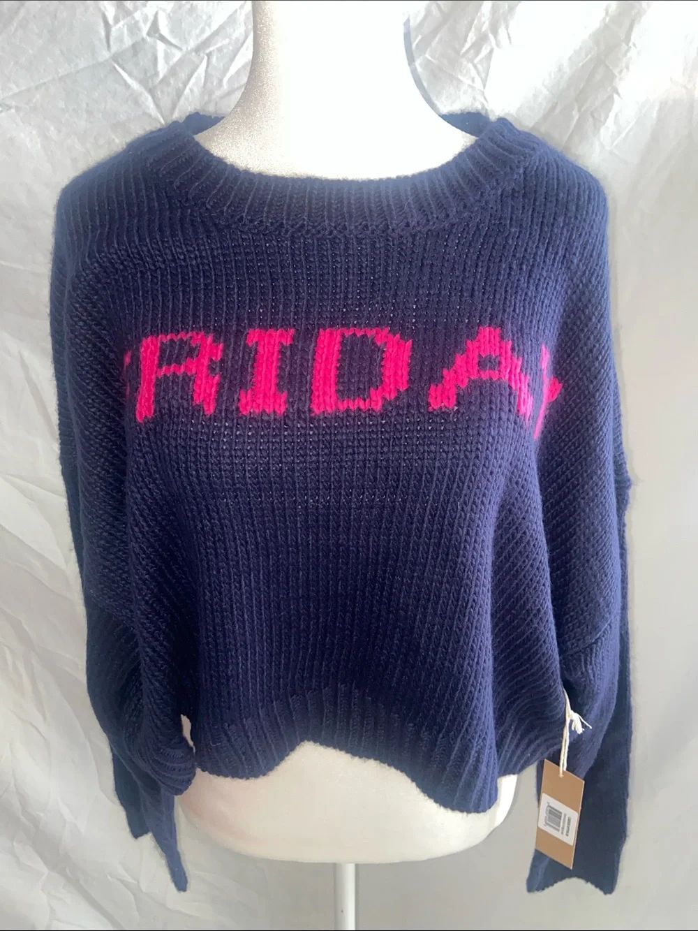 Navy Crewneck Sweater with Pink 'FRIDAY' Knit